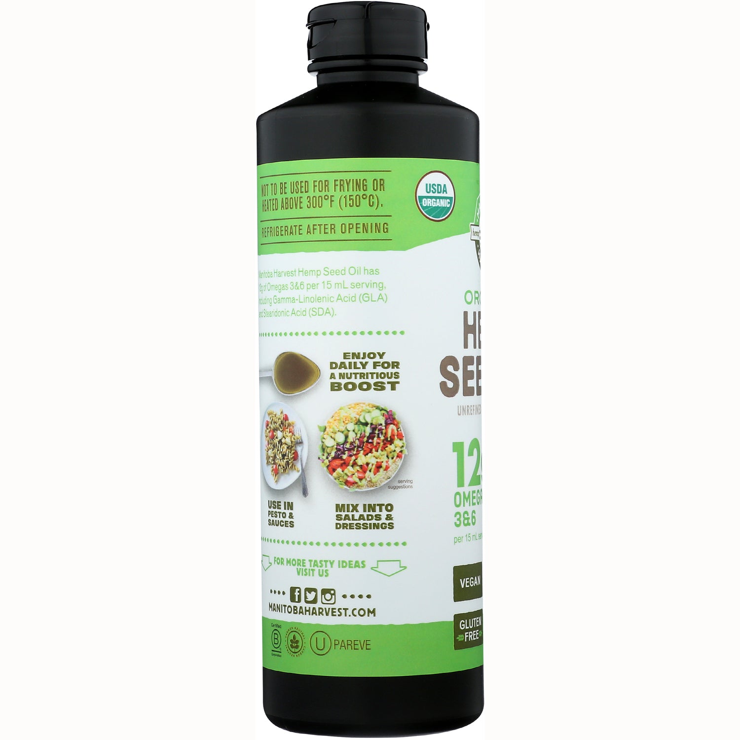 MAN009 | side label infographic on hemp seed oil bottle showing usage suggestions and serving images