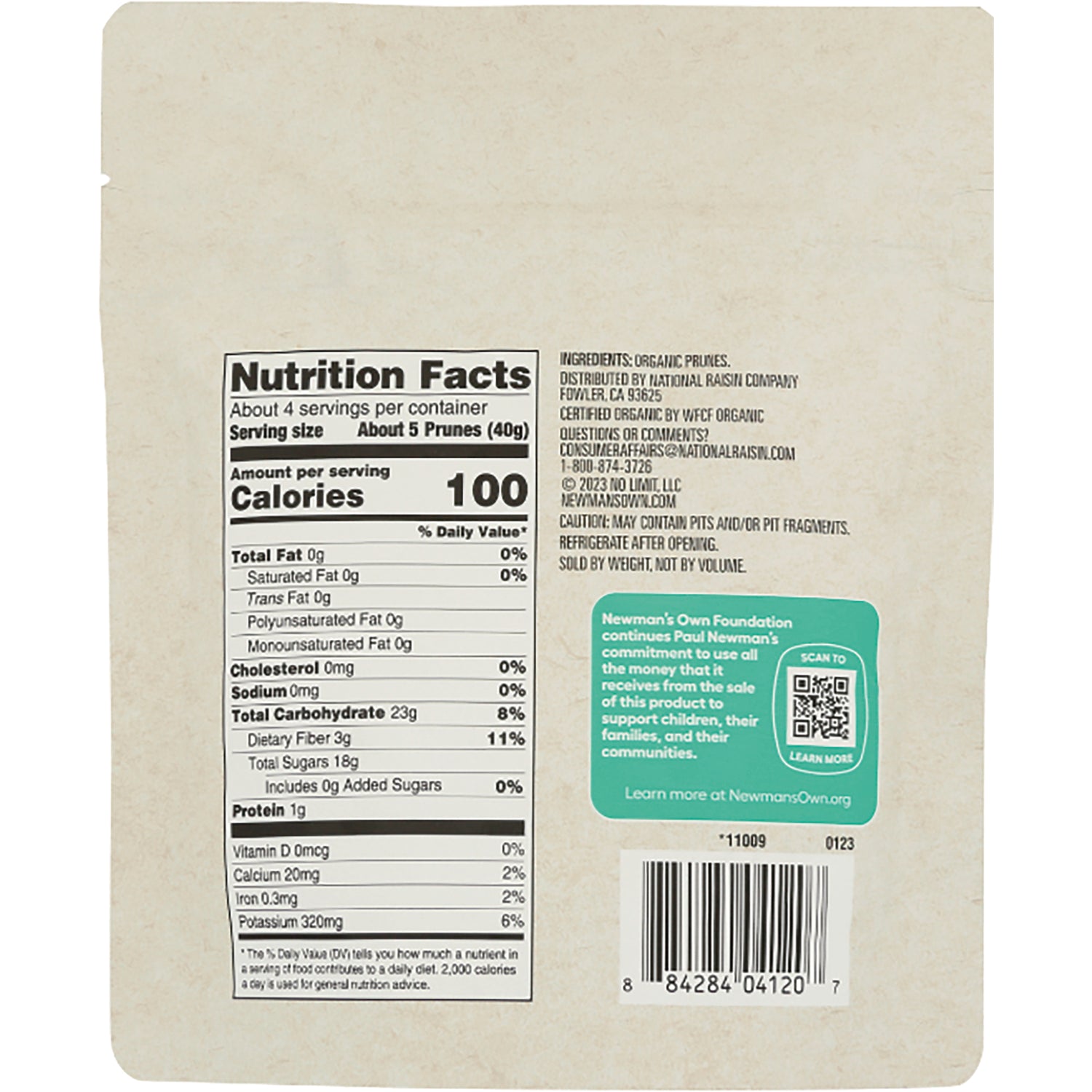 NWM016 | Back of beige pouch showing Nutrition Facts panel, ingredients text, barcode and QR code