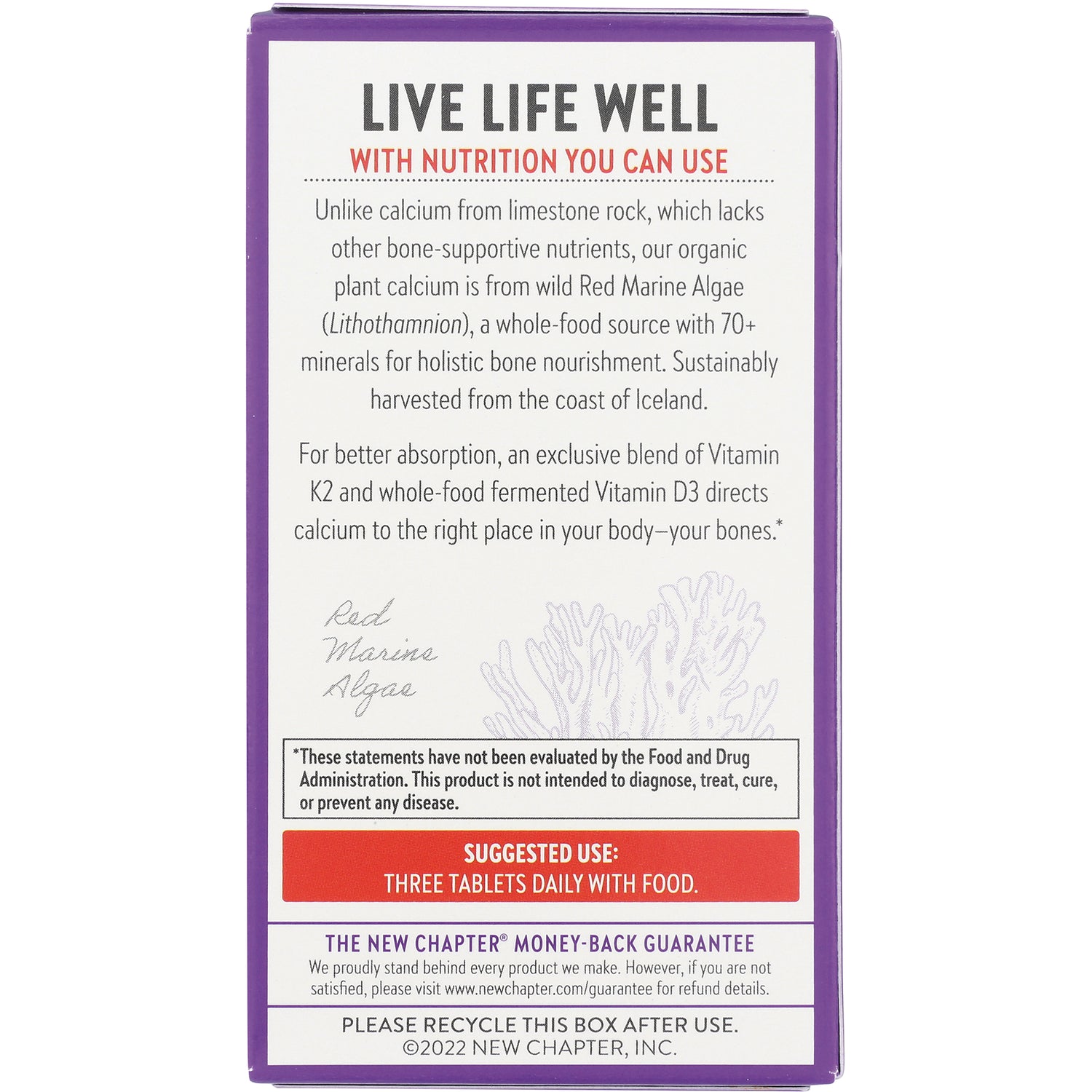 NWC266 | Back of purple New Chapter supplement box showing Live Life Well panel, ingredient info and Suggested Use three tablets daily