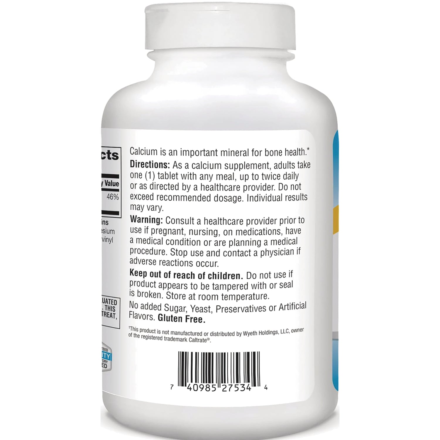 CNT263 | Back label of white supplement bottle showing directions, warnings, barcode and partial facts panel