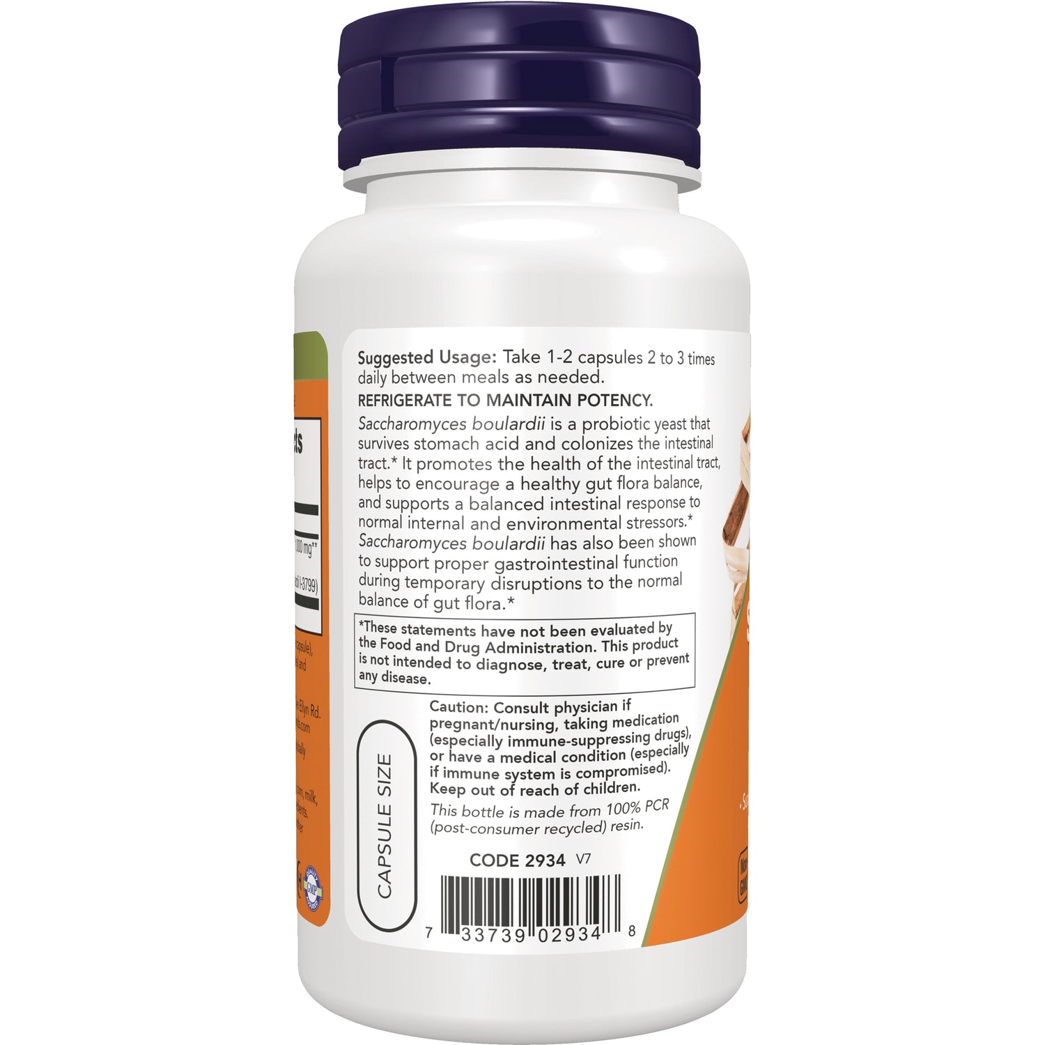 NWF990 | back label of white supplement bottle showing suggested usage, refrigerate to maintain potency note, caution text and barcode
