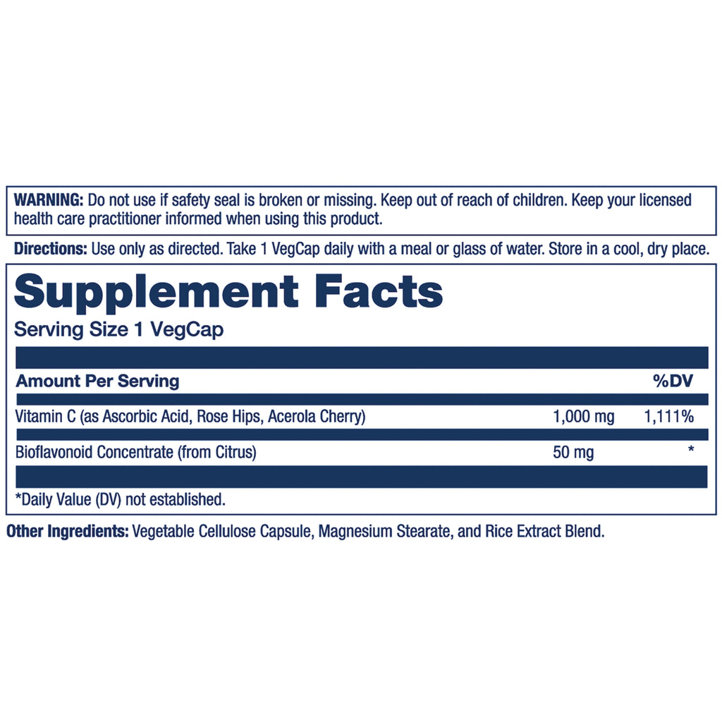 SLR270 | Back label showing Supplement Facts with Serving Size 1 VegCap; Vitamin C 1,000 mg and Bioflavonoid 50 mg; warning and other ingredients - Thumbnail