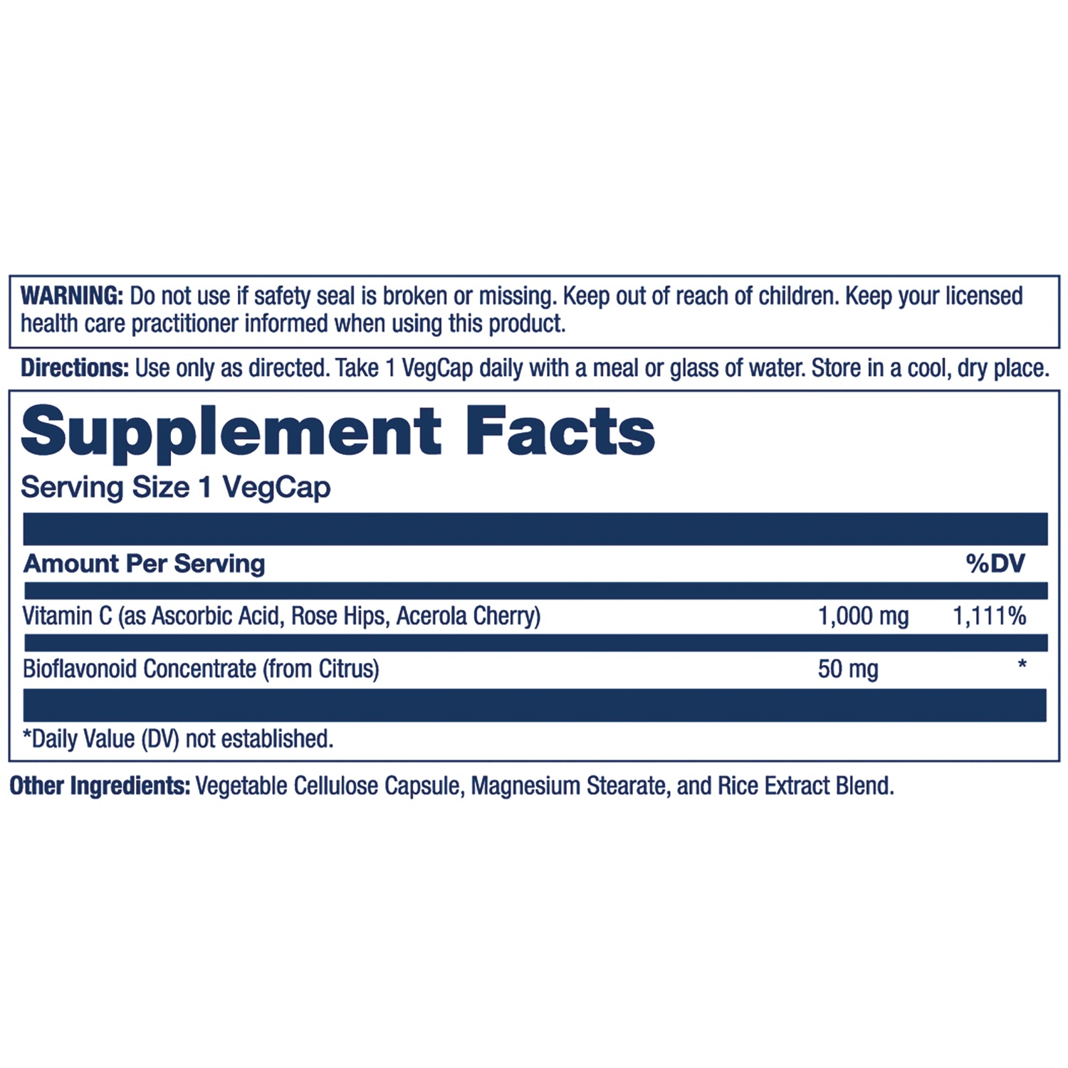 SLR270 | Back label showing Supplement Facts with Serving Size 1 VegCap; Vitamin C 1,000 mg and Bioflavonoid 50 mg; warning and other ingredients