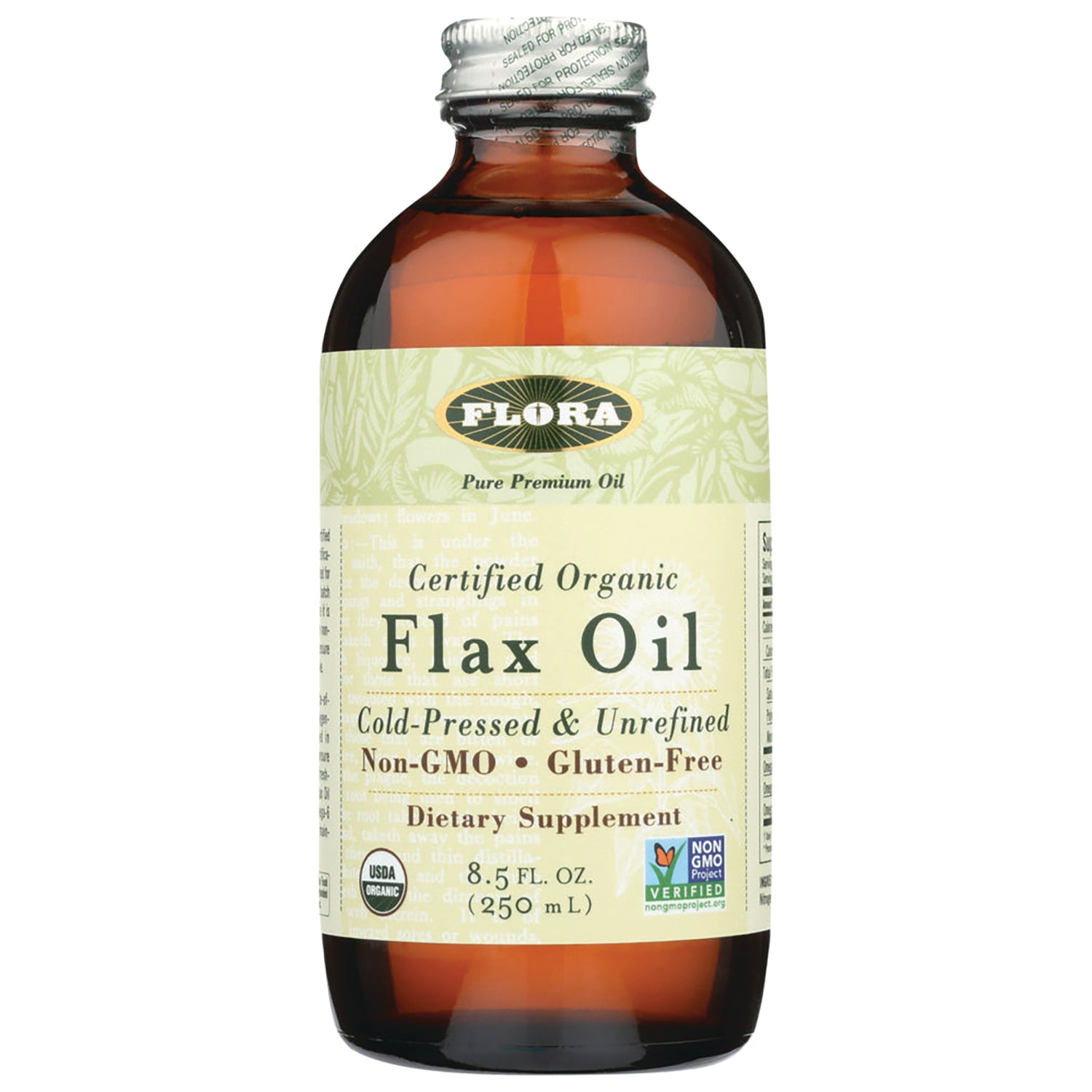 FL112 | Flora certified organic Flax Oil 8.5 fl oz amber glass bottle, cold-pressed, non-GMO, gluten-free