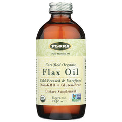 FL112 | Flora certified organic Flax Oil 8.5 fl oz amber glass bottle, cold-pressed, non-GMO, gluten-free