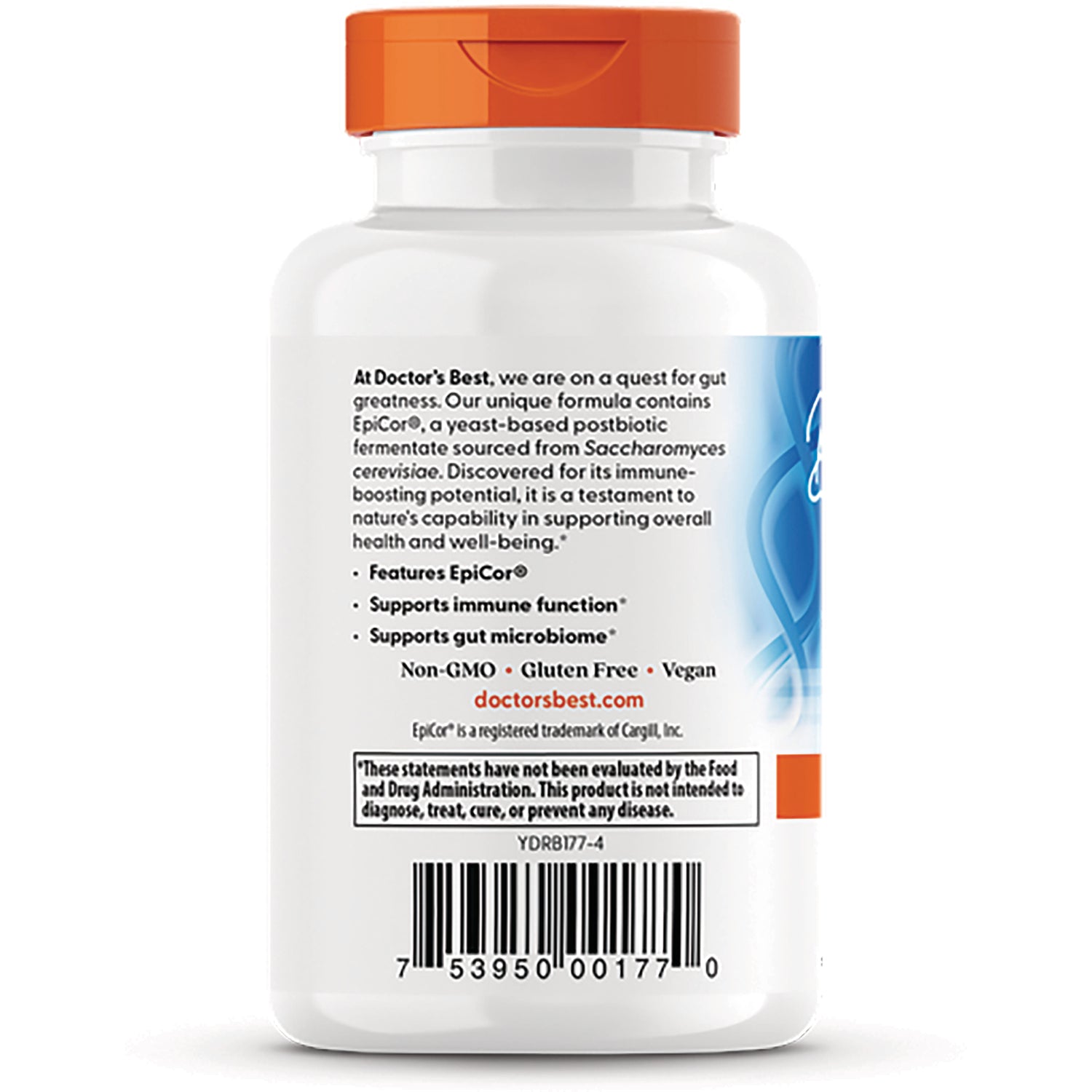 DB107 | Back label of white supplement bottle showing product claims, Non-GMO Gluten Free Vegan, and barcode