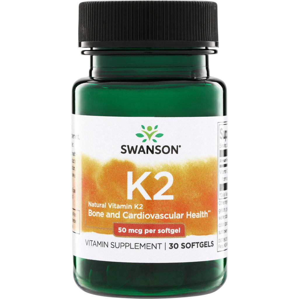 SWU671 | Swanson K2 supplement bottle, 50 mcg per softgel, 30 softgels, supports bone and cardiovascular health - Thumbnail