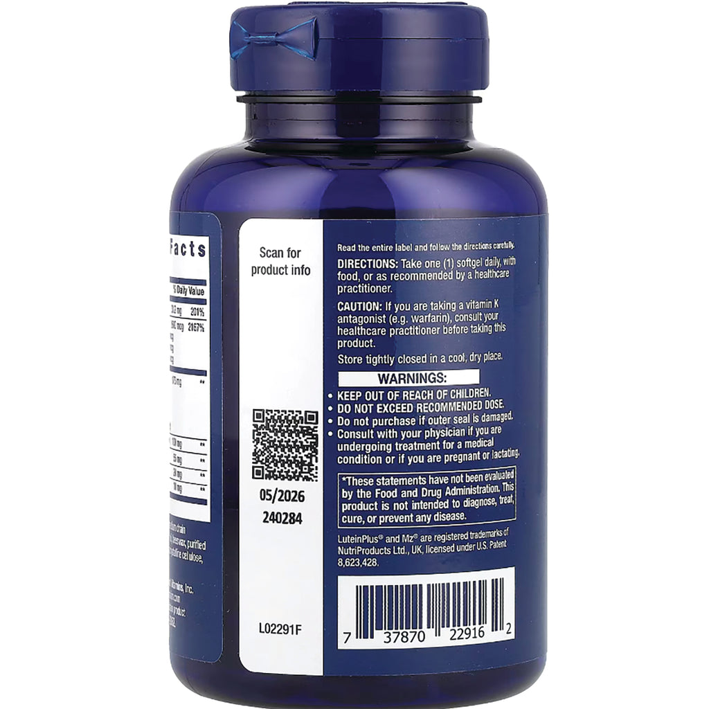 LE482 | Back of blue supplement bottle showing directions, warnings, barcode, QR code, and expiration 05/2026 - Thumbnail