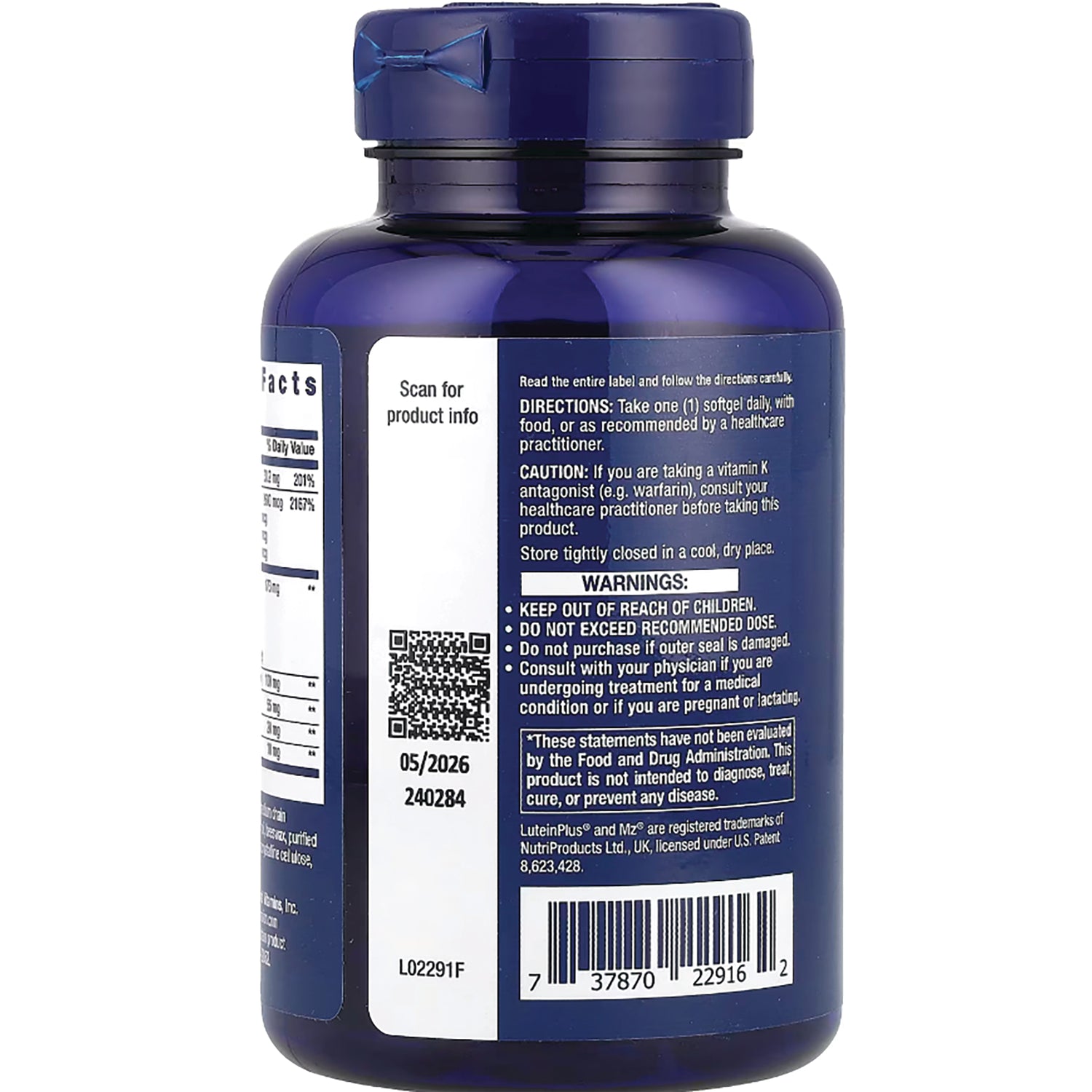 LE482 | Back of blue supplement bottle showing directions, warnings, barcode, QR code, and expiration 05/2026