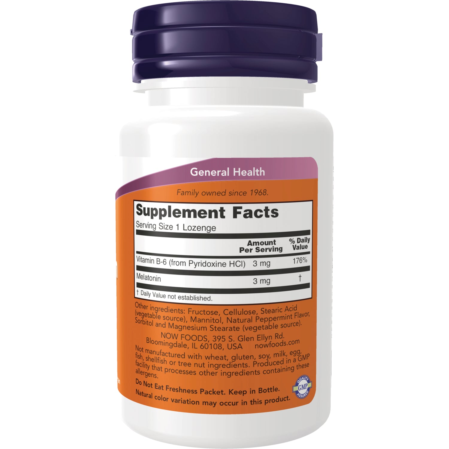 NWF557 | back label showing Supplement Facts panel listing serving size 1 lozenge, vitamin B-6 3 mg and melatonin 3 mg