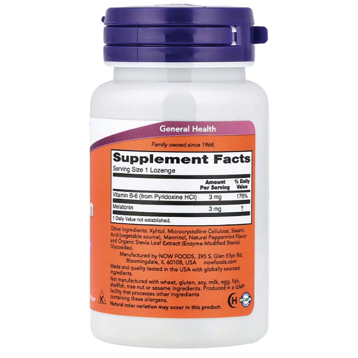 NWF557 | back label showing Supplement Facts panel listing serving size 1 lozenge, vitamin B-6 3 mg and melatonin 3 mg