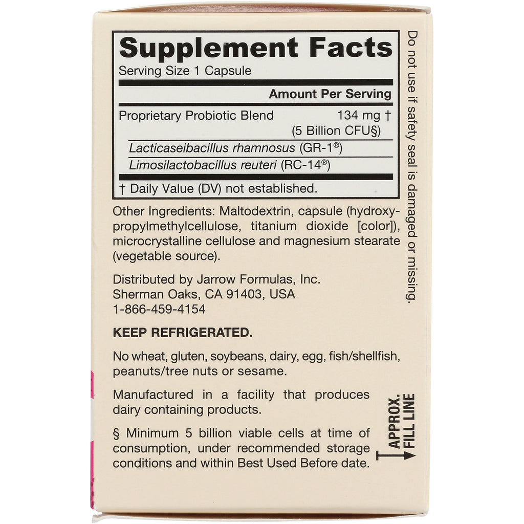 JR060 | Supplement facts and ingredient list on back of beige Jarrow Formulas probiotic box, includes Keep Refrigerated notice - Thumbnail