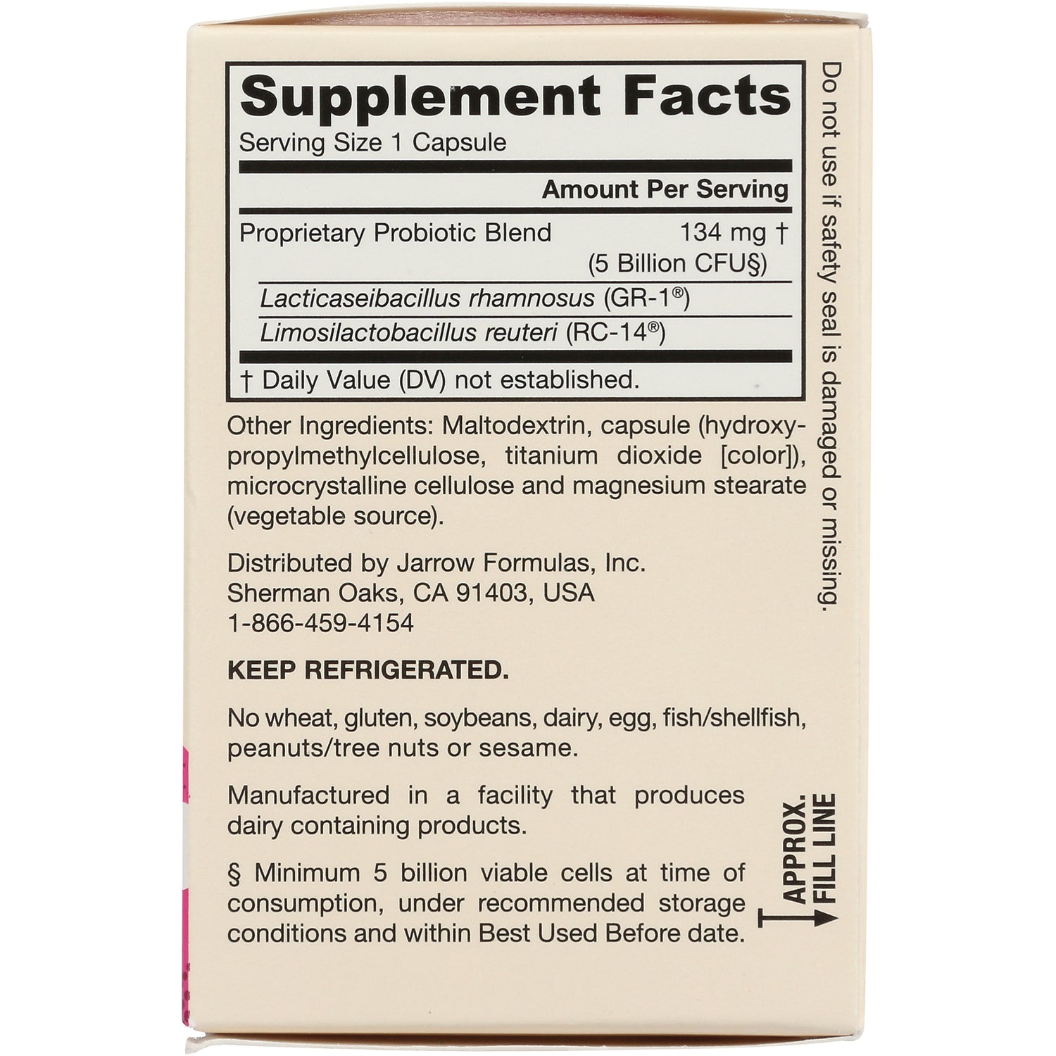 JR060 | Supplement facts and ingredient list on back of beige Jarrow Formulas probiotic box, includes Keep Refrigerated notice