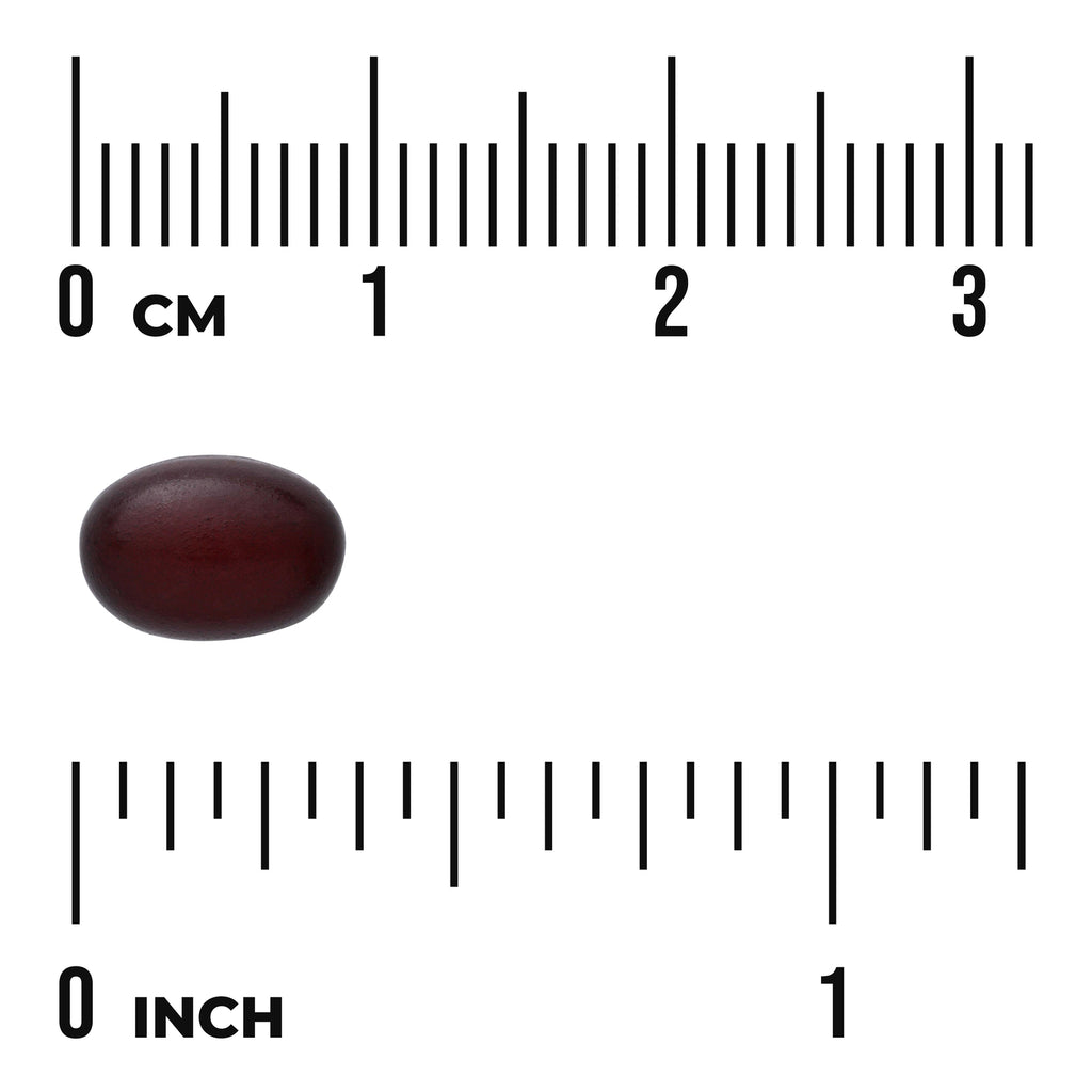 SWU979 | Dark red oval softgel shown with centimeter and inch rulers for size reference - Thumbnail