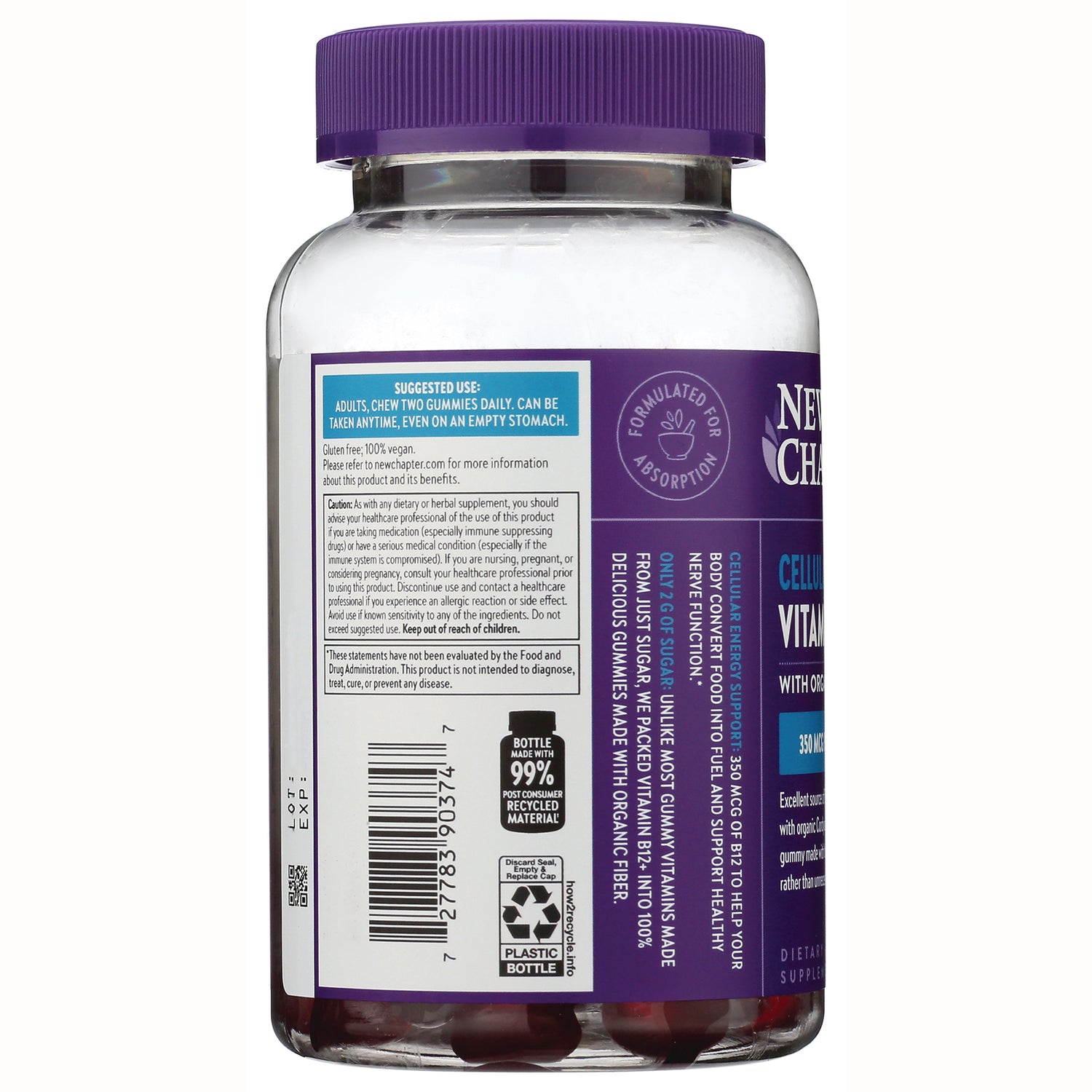 NWC386 | back label product infographic on clear supplement bottle showing suggested use text, barcode, and recycling icon
