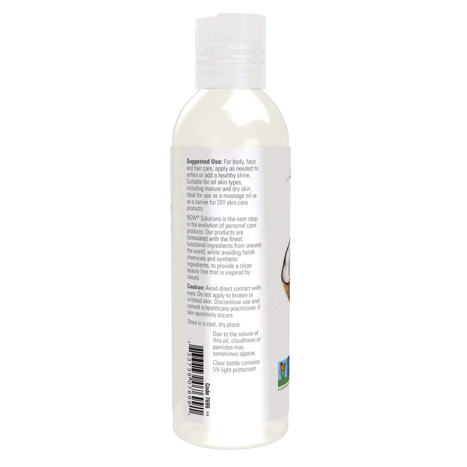 NWF1408 | Back label of clear plastic bottle showing suggested use and caution text, small coconut graphic and barcode