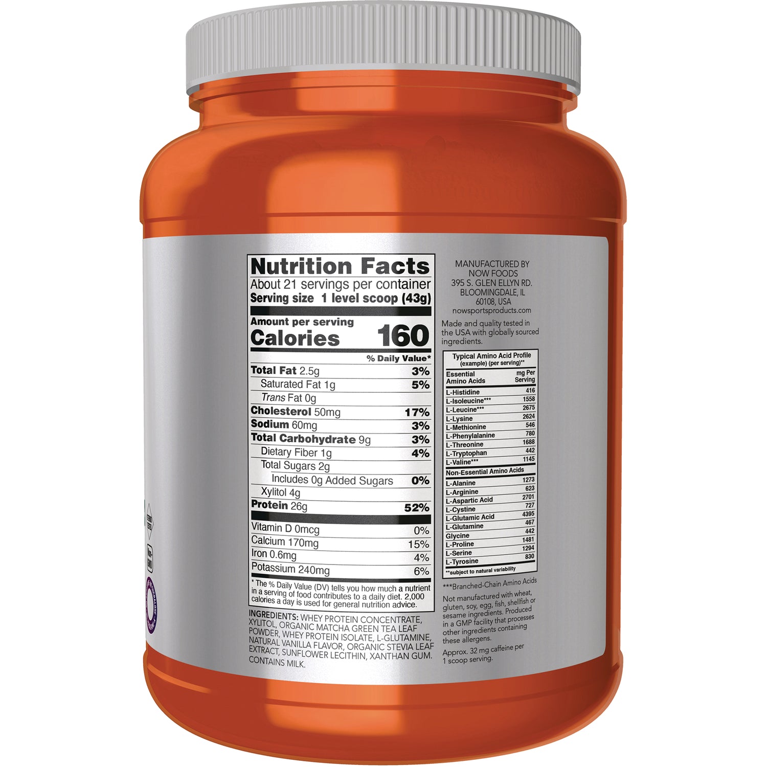NWF1427 | Back of orange supplement jar showing Nutrition Facts panel, ingredients and amino acid table