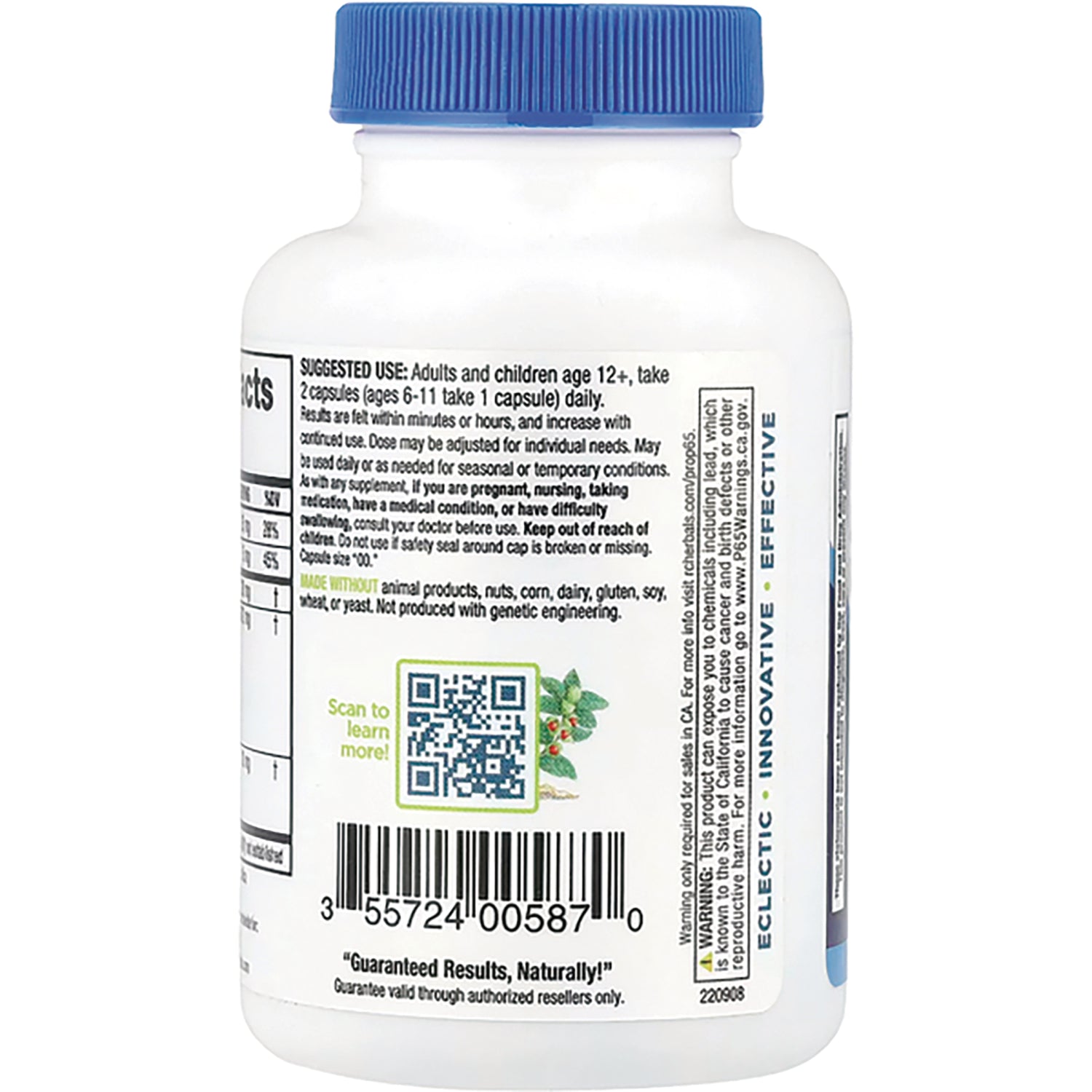 PH076 | Back of white supplement bottle with blue cap showing supplement facts table, barcode and QR code
