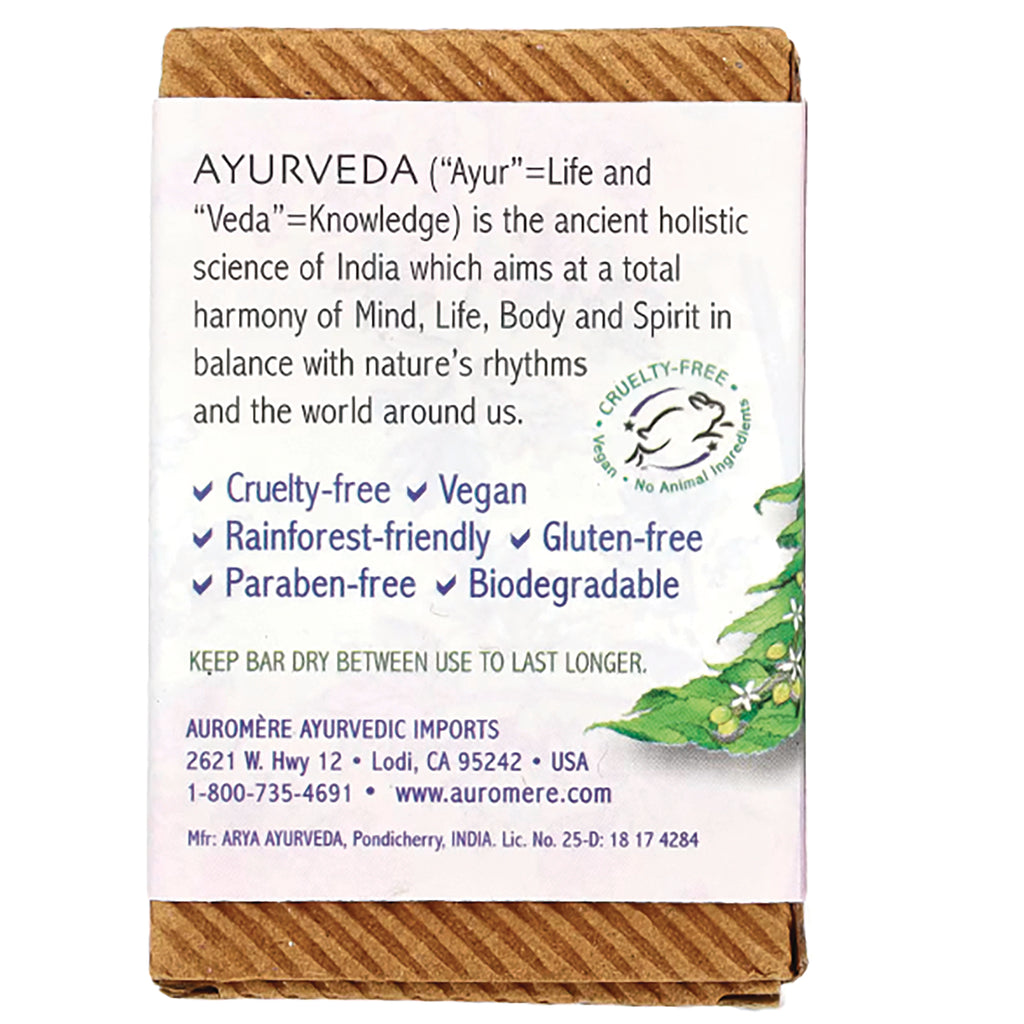 AUR004 | Back of soap box showing Ayurveda description, cruelty-free and vegan claims, product and contact details - Thumbnail