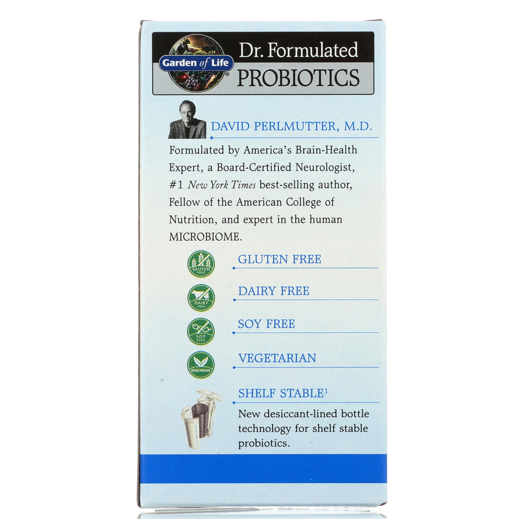 GLF223 | product infographic panel showing Garden of Life Probiotics attributes: Gluten Free, Dairy Free, Soy Free, Vegetarian, Shelf Stable - Thumbnail