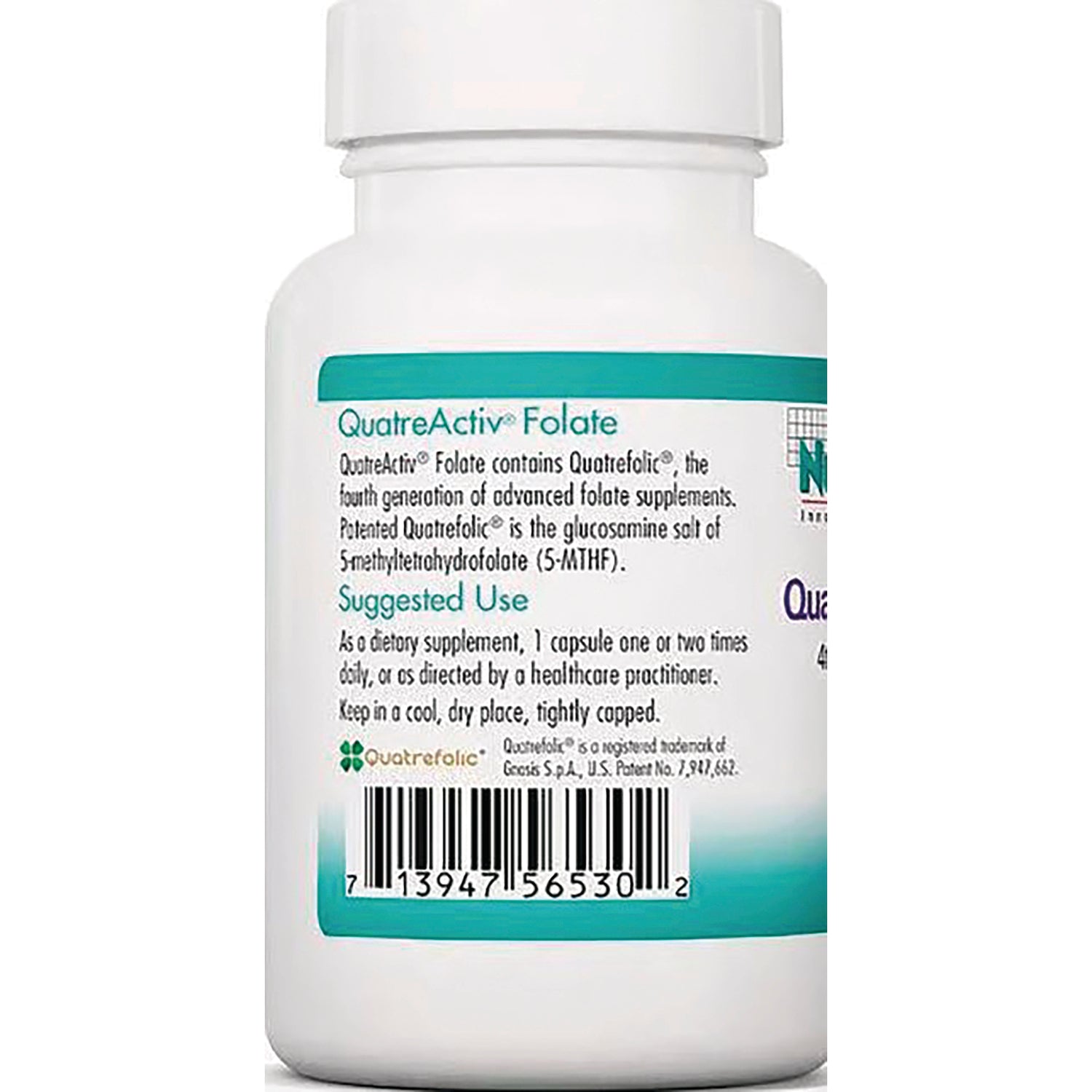 NCL111 | Back of white supplement bottle showing QuatreActiv Folate label with suggested use text and barcode