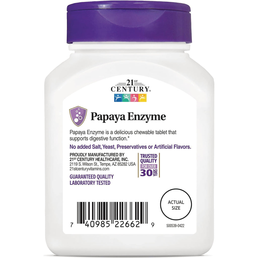 CNT132 | product infographic label on white bottle for Papaya Enzyme chewable tablets showing barcode, manufacturer info, and actual size circle - Thumbnail