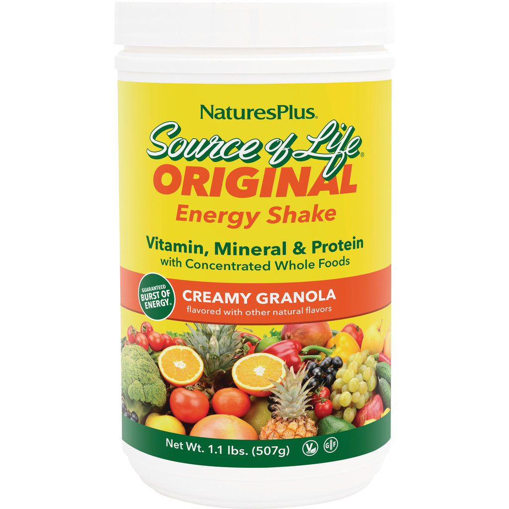 NTP054 | NaturesPlus Source of Life Original Energy Shake Creamy Granola tub front label with fruit imagery - Thumbnail
