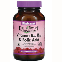 BLU075 | Bluebonnet EarthSweet Chewables bottle Vitamin B6, B12 & Folic Acid raspberry flavor, 60 chewable tablets