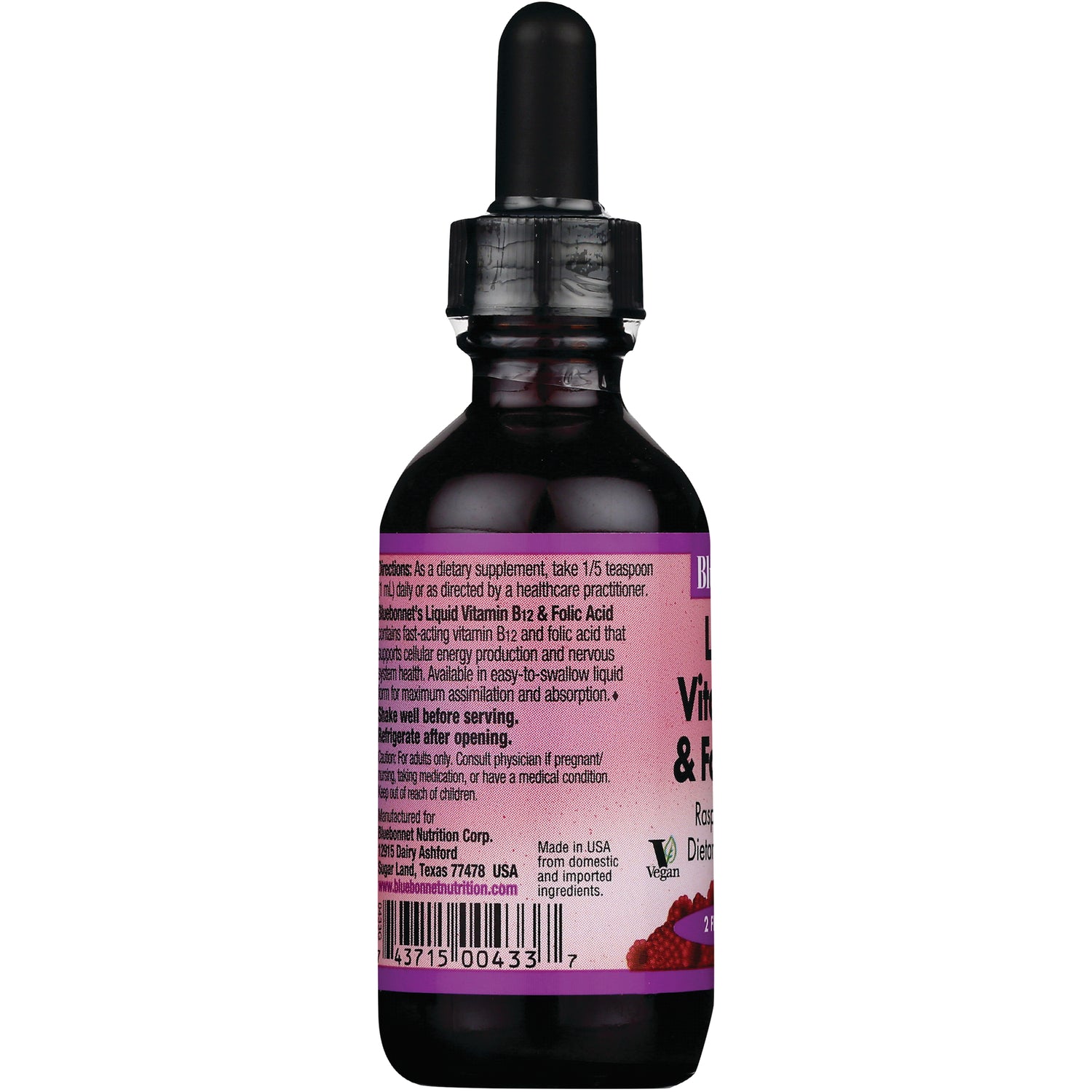 BLU088 | back of dark glass dropper bottle showing pink label text, barcode, and Vegan icon