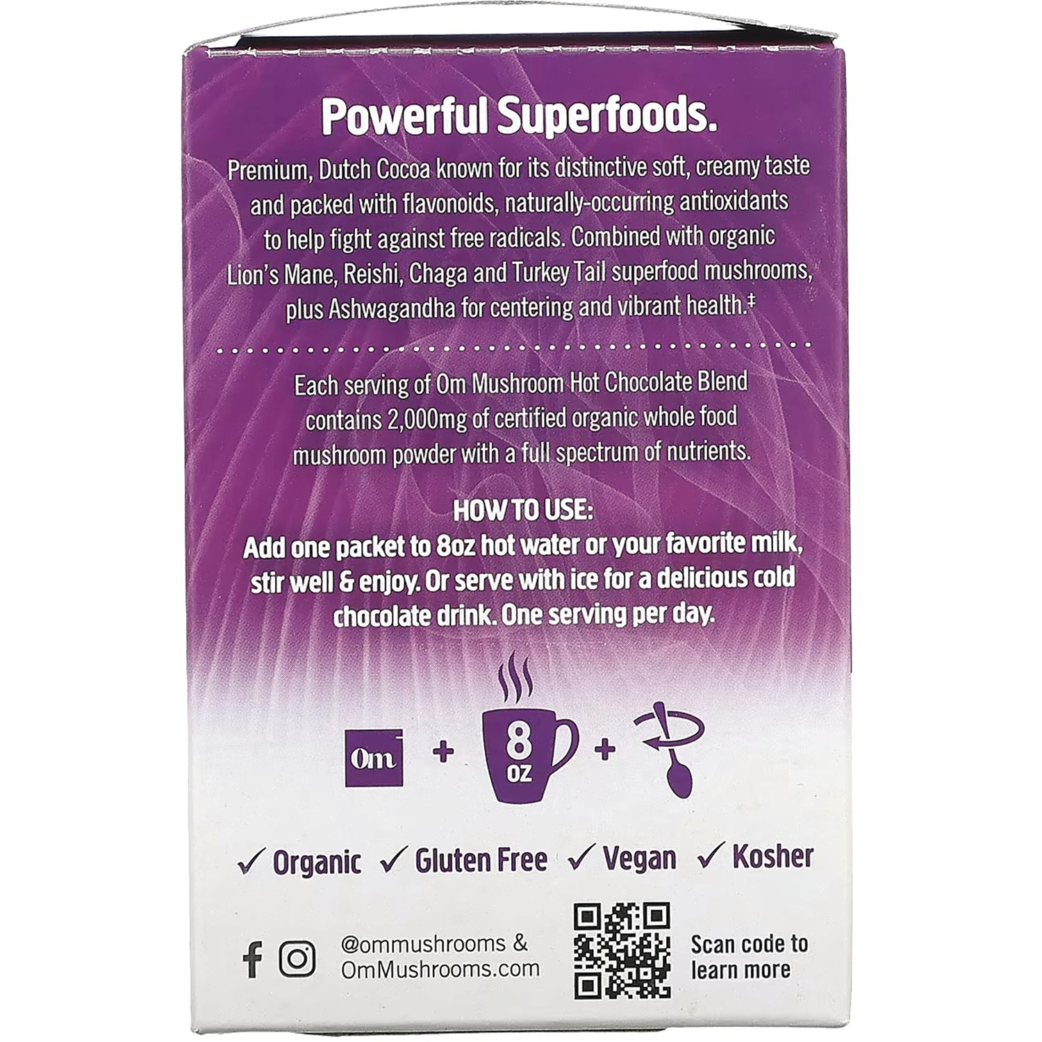 MMX038 | Back of purple Om Mushroom Hot Chocolate box with product description, how-to-use instructions, icons and certifications