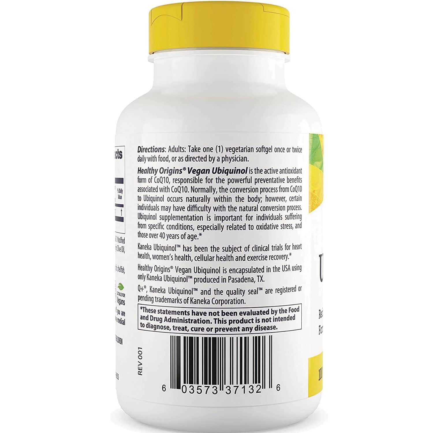 HRG189 | Back of white supplement bottle with yellow cap showing directions and ingredient text plus barcode