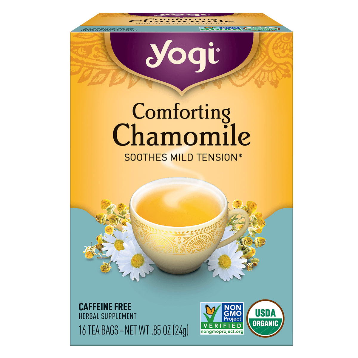 AHW026 | Yogi Comforting Chamomile tea, caffeine free, 16 tea bags; Non-GMO Project Verified, USDA Organic