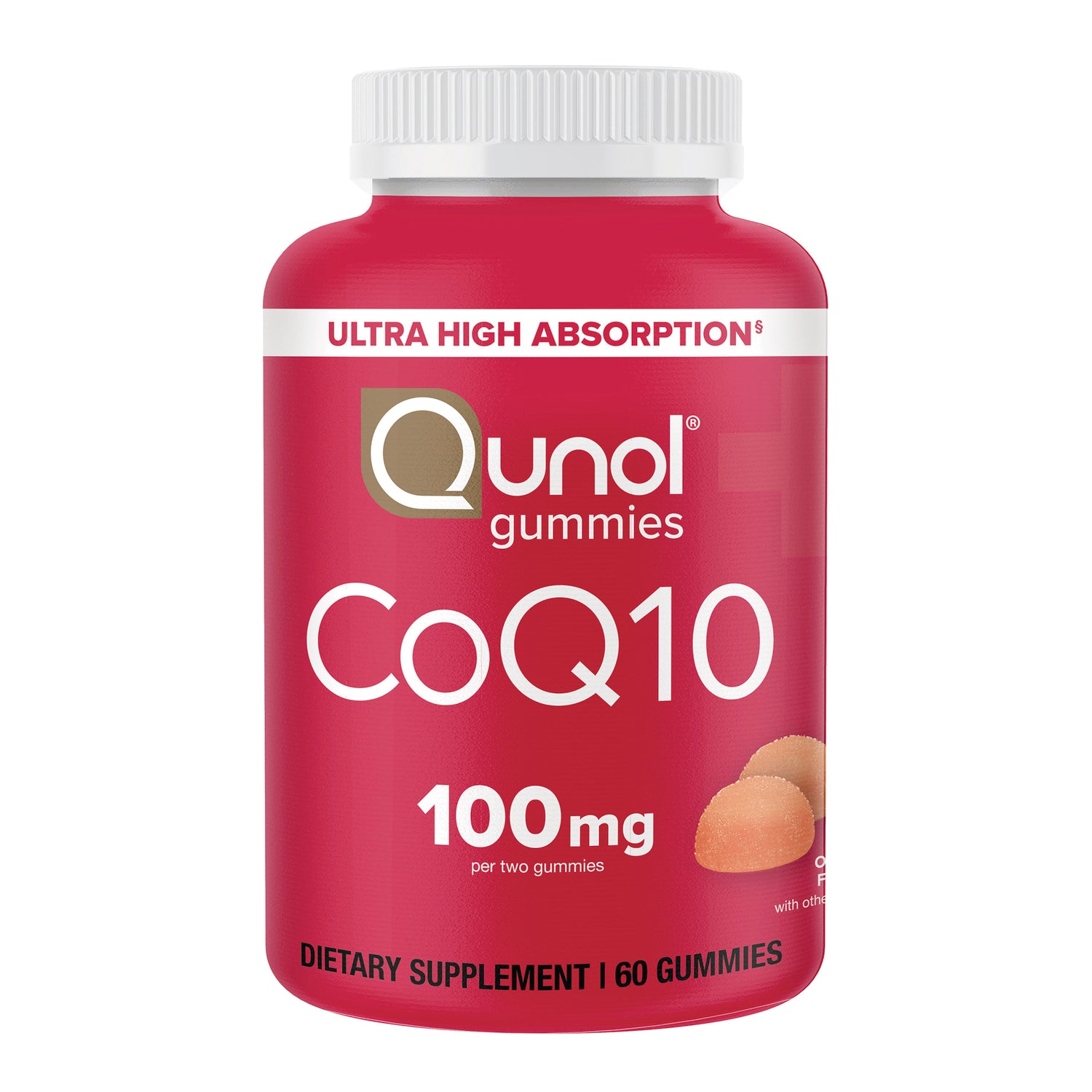 QNL013 | Red Qunol CoQ10 gummies bottle 100mg, creamy orange flavor dietary supplement 60 count