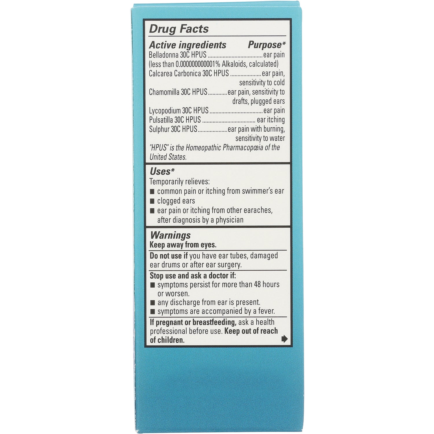 HY262 | Back panel showing Drug Facts with active ingredients, uses, and warnings on teal box