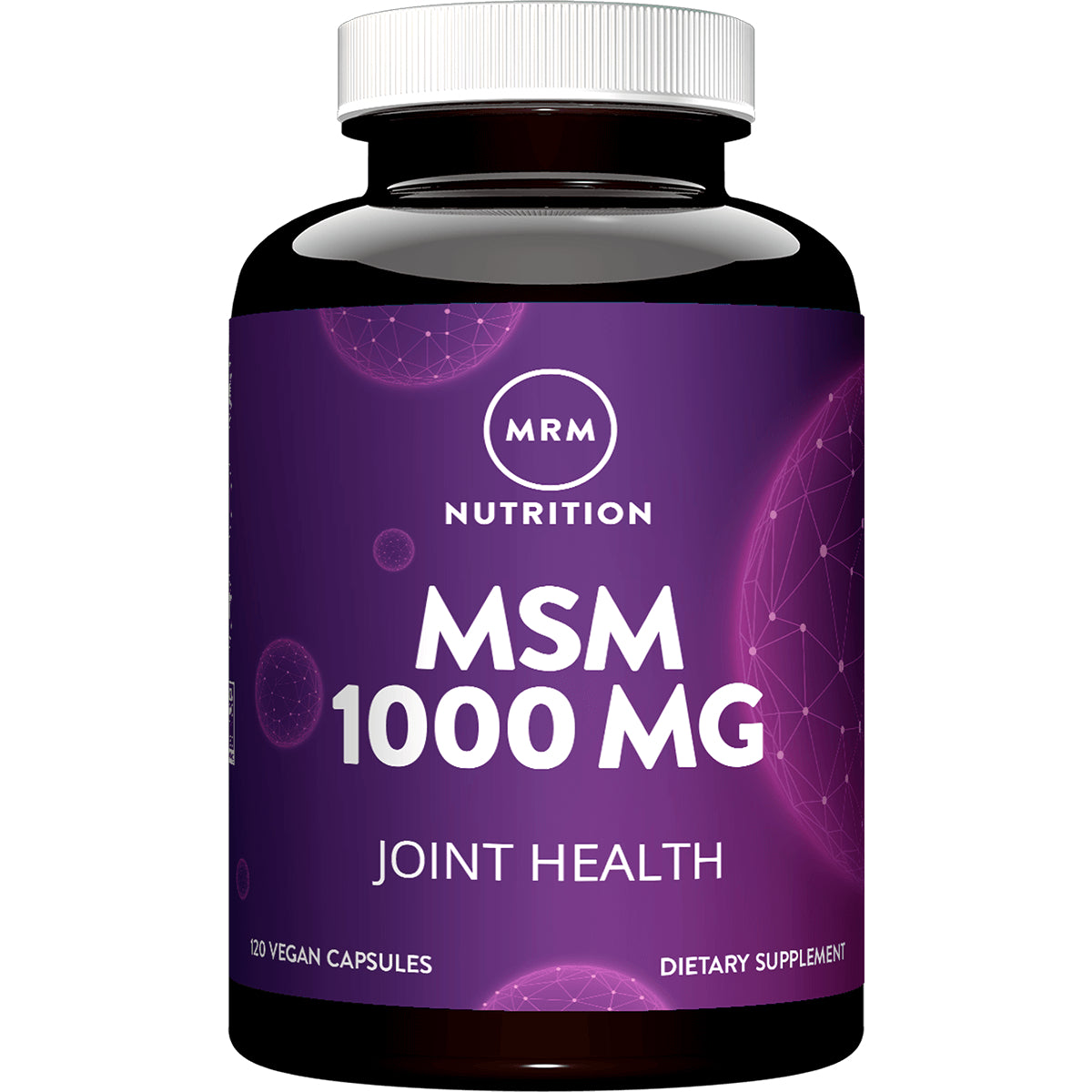 MRM035 | Front view of MRM Nutrition MSM 1000 MG joint health supplement bottle with purple label