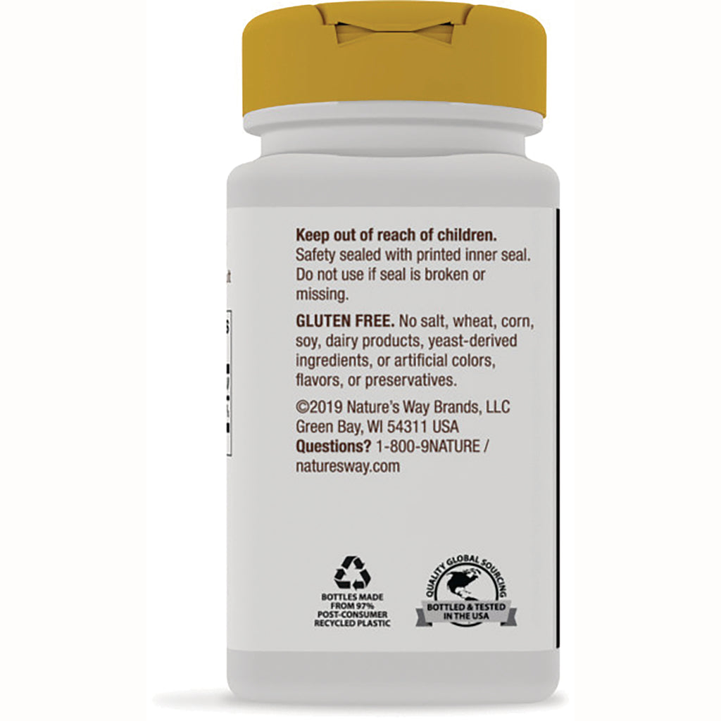 NW824 | back of white supplement bottle showing safety and gluten free statements, contact info and recycling icons - Thumbnail
