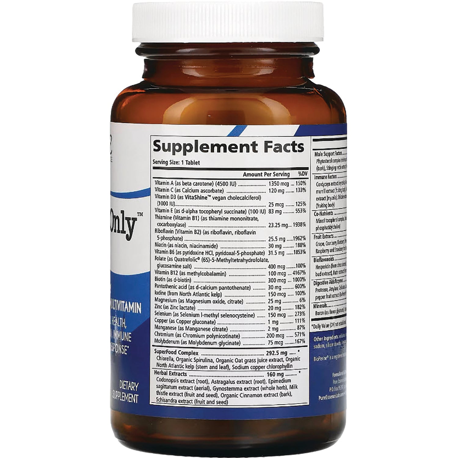 PEL033 | Supplement Facts nutrition and ingredient panel on back of brown supplement bottle