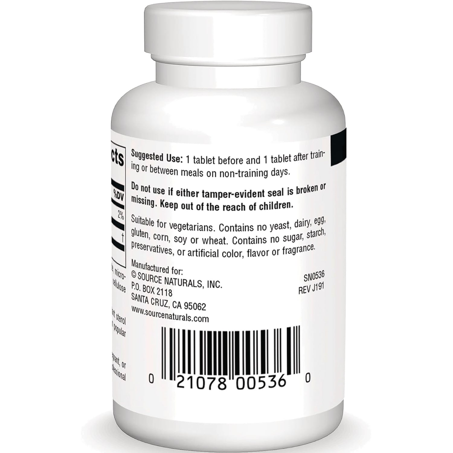 SN293 | Supplement bottle back label with suggested use, warnings, and barcode