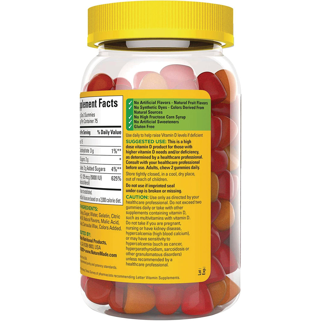 NTM127 | back of clear bottle of red and orange gummy vitamins showing supplement facts, directions and ingredients label - Thumbnail