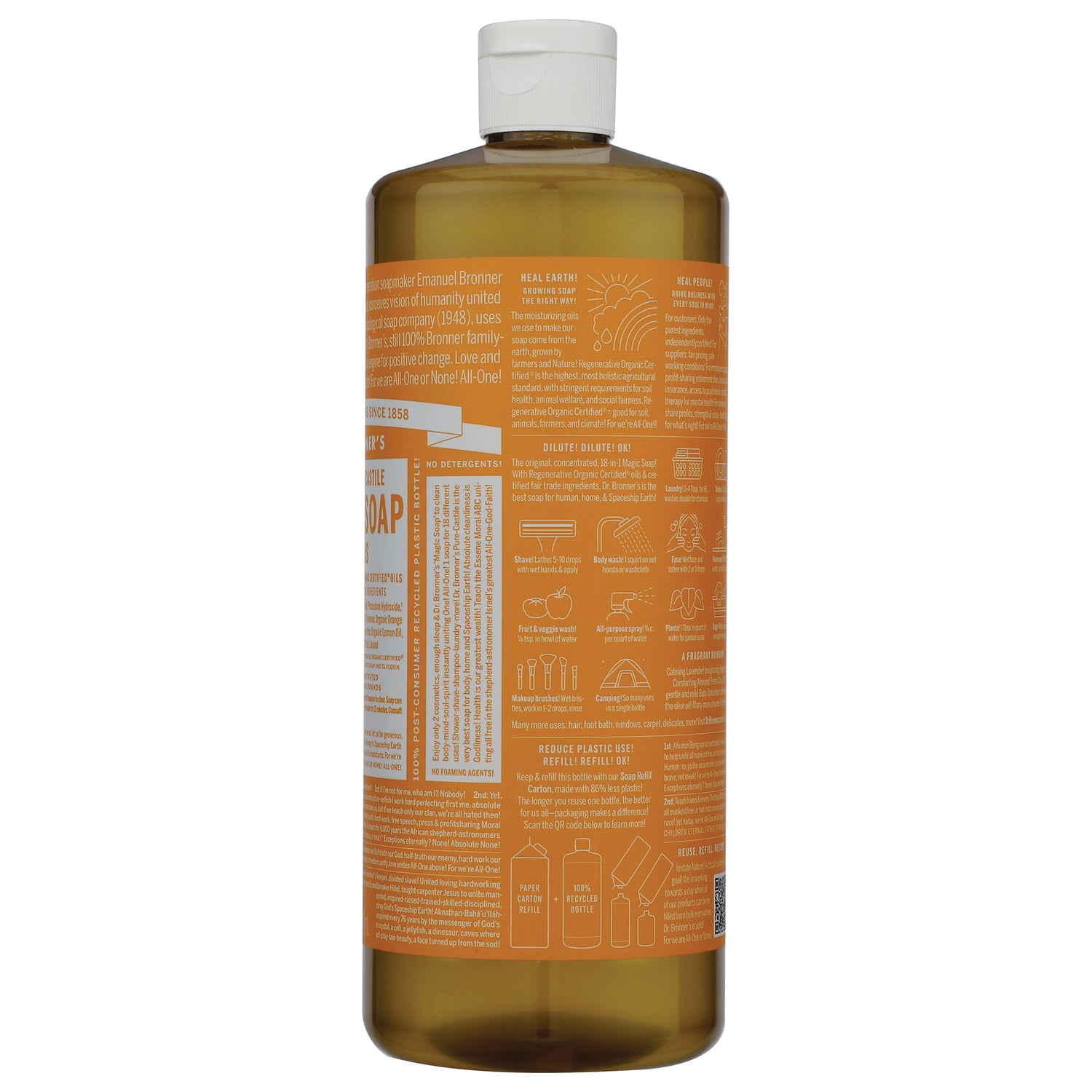 DRB022 | back label of amber bottle showing orange product information panel and usage icons