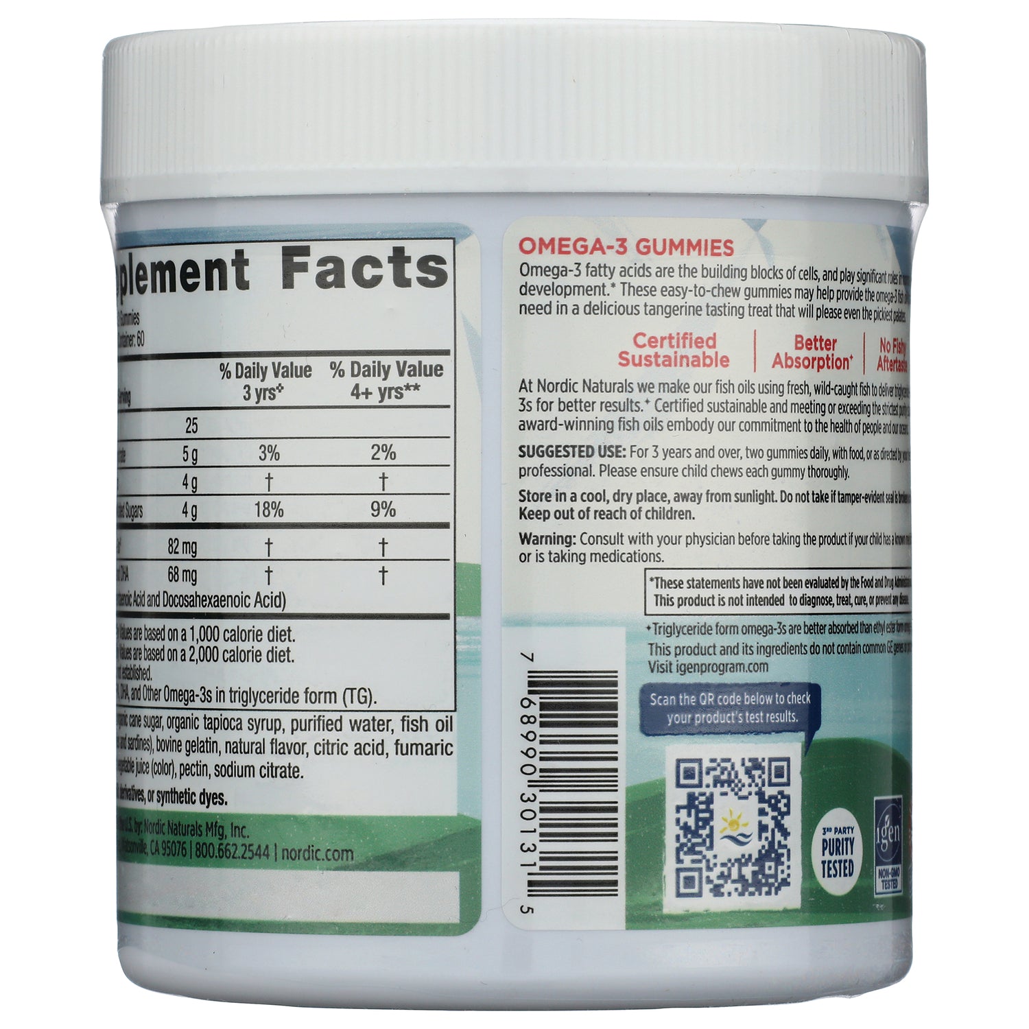 NRN059 | Back label of omega-3 gummies jar showing supplement facts panel, barcode and QR code