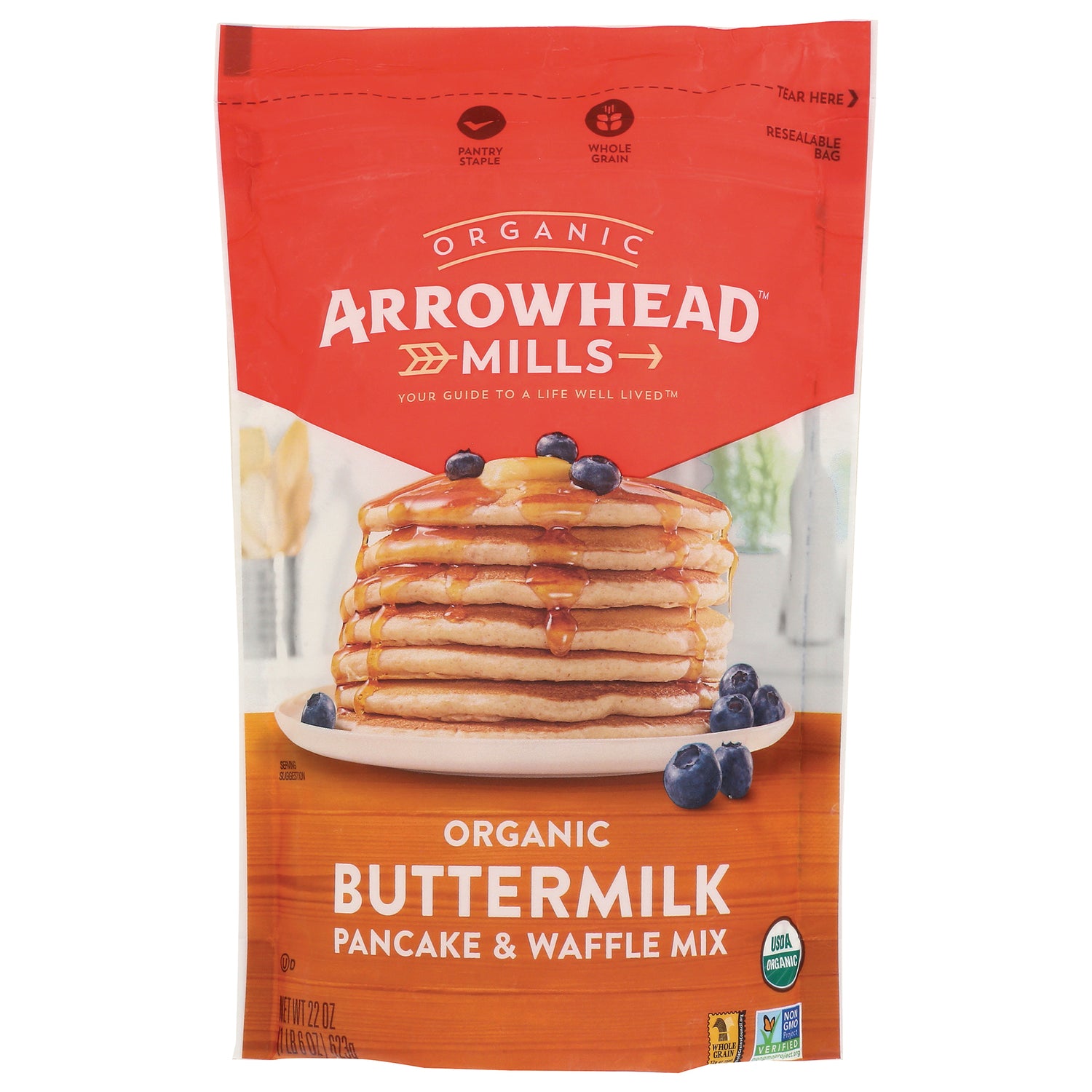AHM077 | Arrowhead Mills organic buttermilk pancake & waffle mix bag showing a stack of pancakes with blueberries
