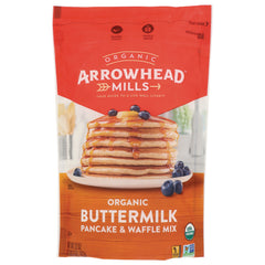 AHM077 | Arrowhead Mills organic buttermilk pancake & waffle mix bag showing a stack of pancakes with blueberries