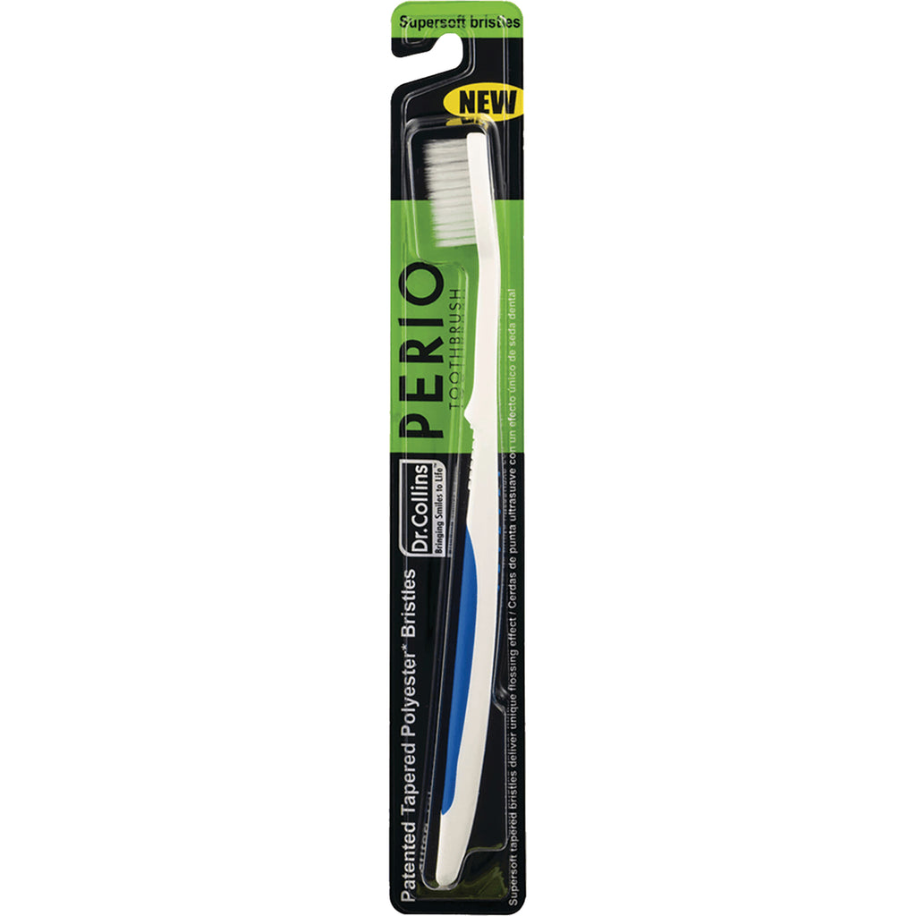 CHD001 | Perio toothbrush in blister pack with white and blue handle, green packaging labeled PERIO and Dr Collins - Thumbnail