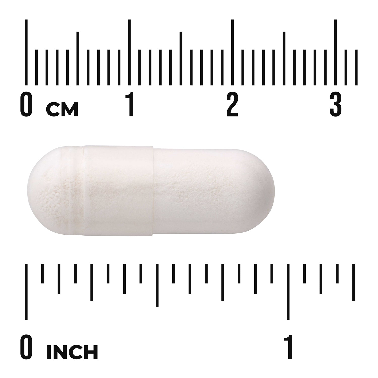 SW1819 | White capsule with size shown next to cm and inch rulers
