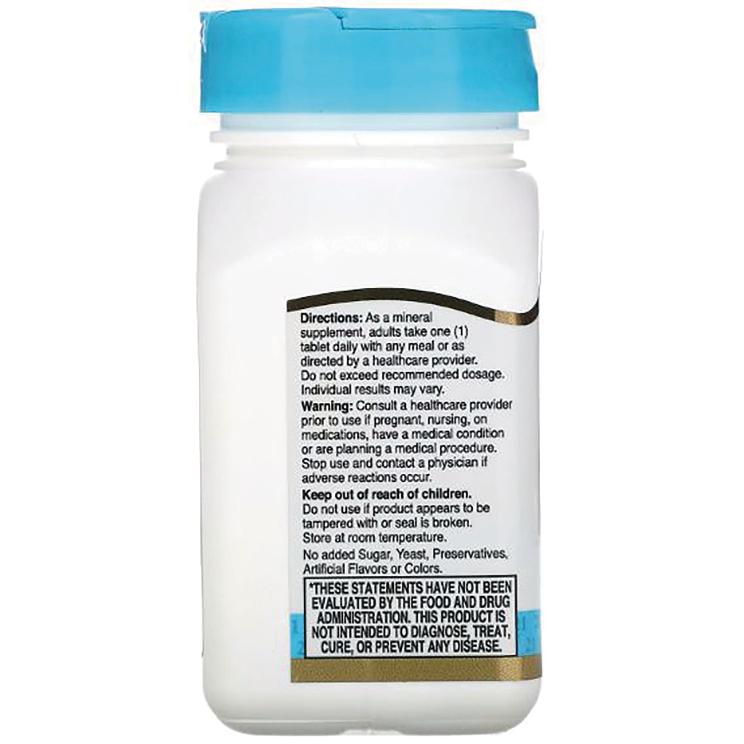 CNT099 | Back of white supplement bottle with blue cap showing directions, warnings, and FDA disclaimer label