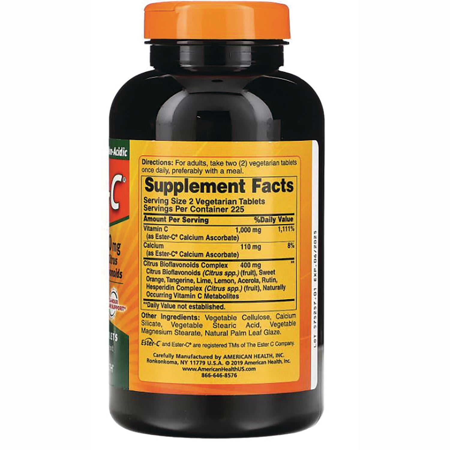 AM121 | Back label with Supplement Facts and directions for Vitamin C tablets, 1,000 mg per serving