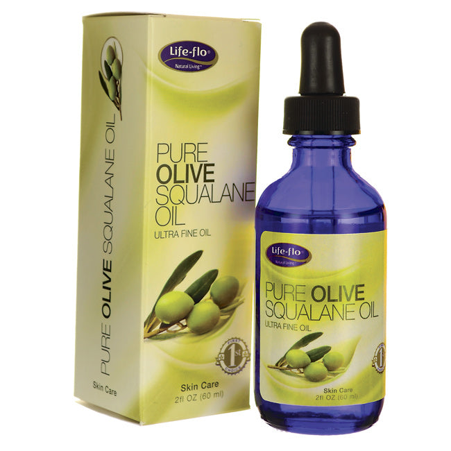 LFH051 | Life-flo Pure Olive Squalane Oil blue glass dropper bottle and outer box labeled PURE OLIVE SQUALANE OIL