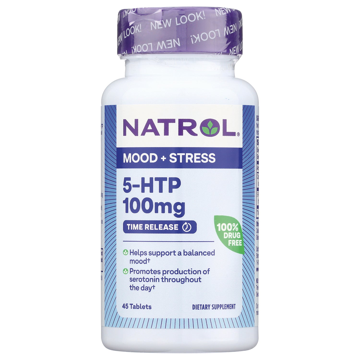 NA385 | Front view of Natrol Mood + Stress 5-HTP 100mg time release bottle, 45 tablets