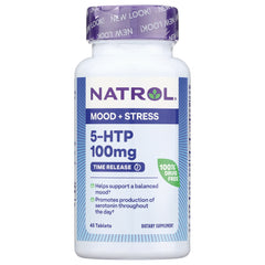 NA385 | Front view of Natrol Mood + Stress 5-HTP 100mg time release bottle, 45 tablets